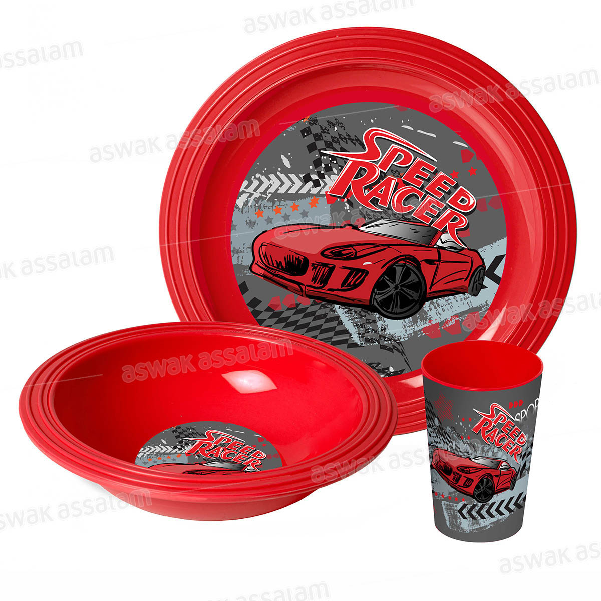 Set de 3 Pieces Gobelet, Bol et Assiette en Plastique Speed Racer