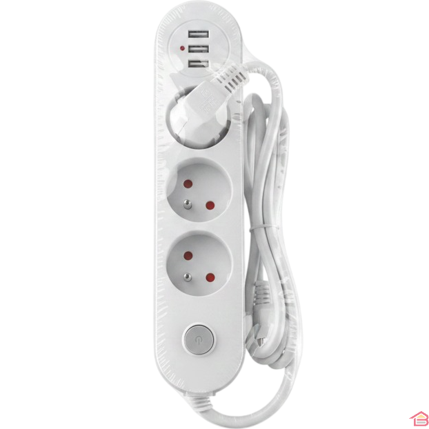 Bloc Multiprise Électrique Blanc 3 Prises 2p+t 6 Ampères Avec 2 Ports Usb et Interrupteur Marche Arrêt