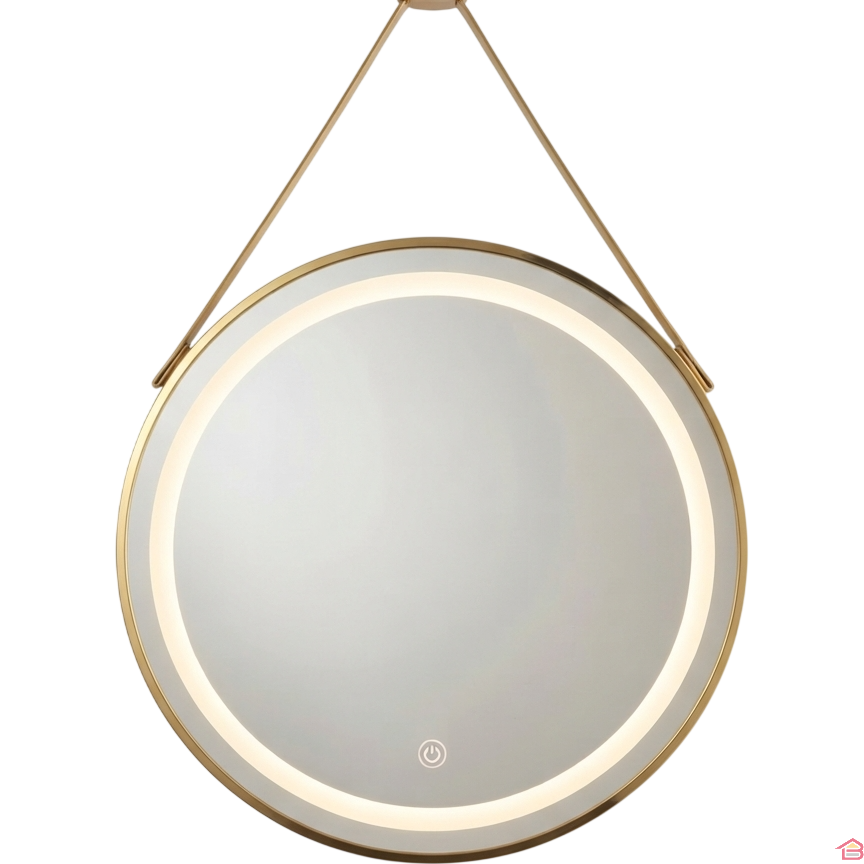 Miroir Led Rond 60 X 60 Cm 4 Mm Avec Cadre Doré Gold 3 Fonctions de Lumière à Suspendre