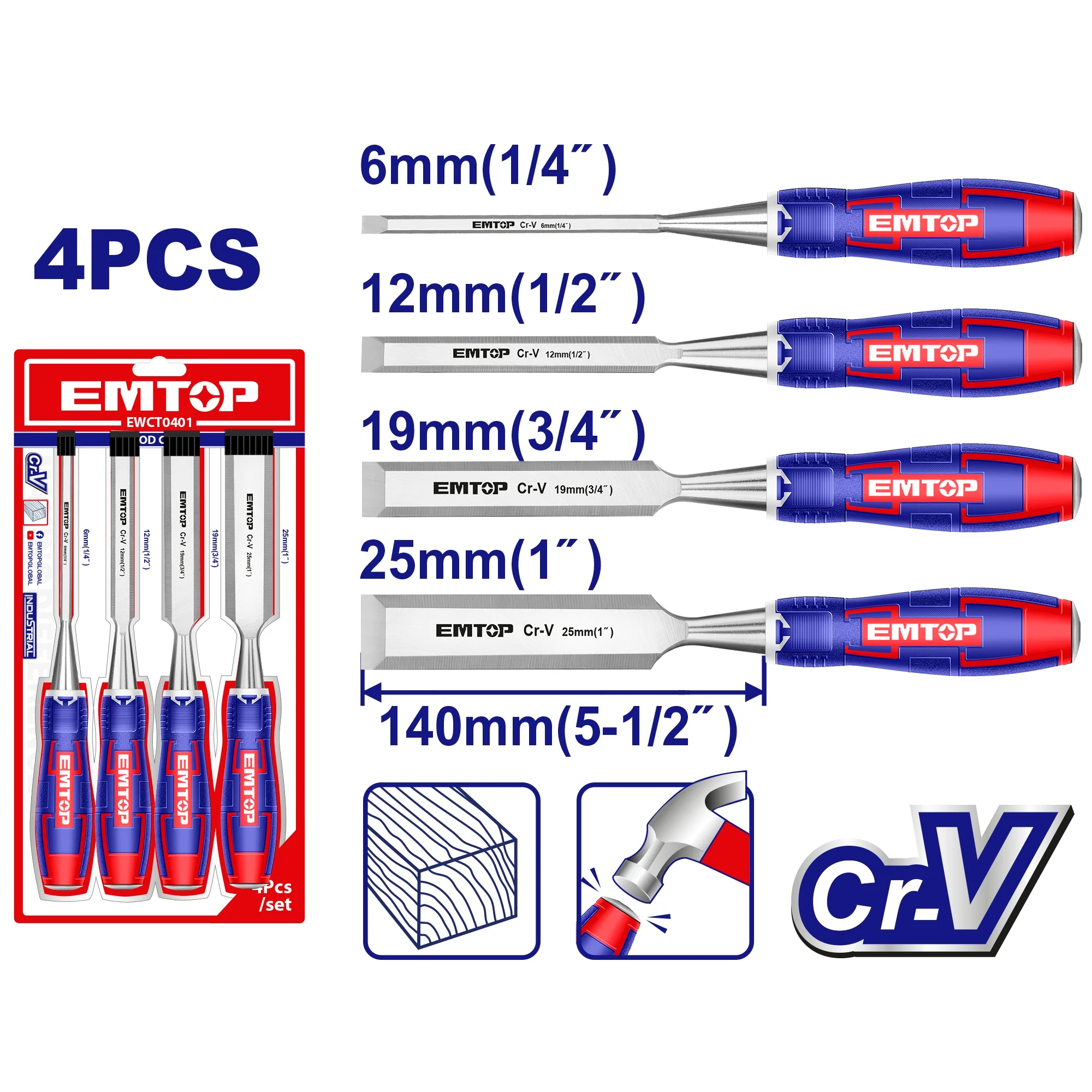 Jeu de 4 Ciseaux à Bois 6 / 12 / 19 / 25 mm – EMTOP EWCT0401