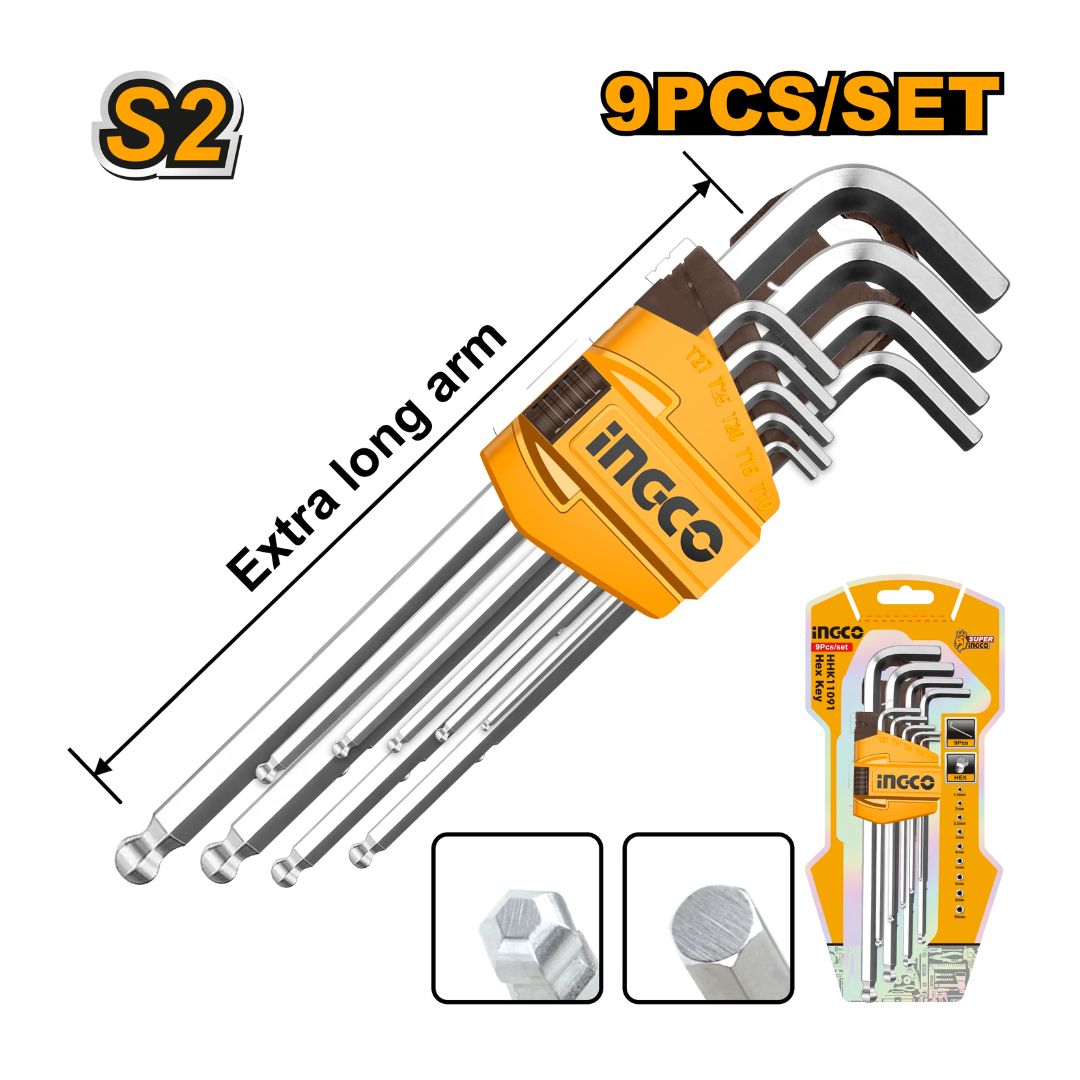 Clés mâles Hex Extra Long – Set 9 pièces INGCO HHK12092