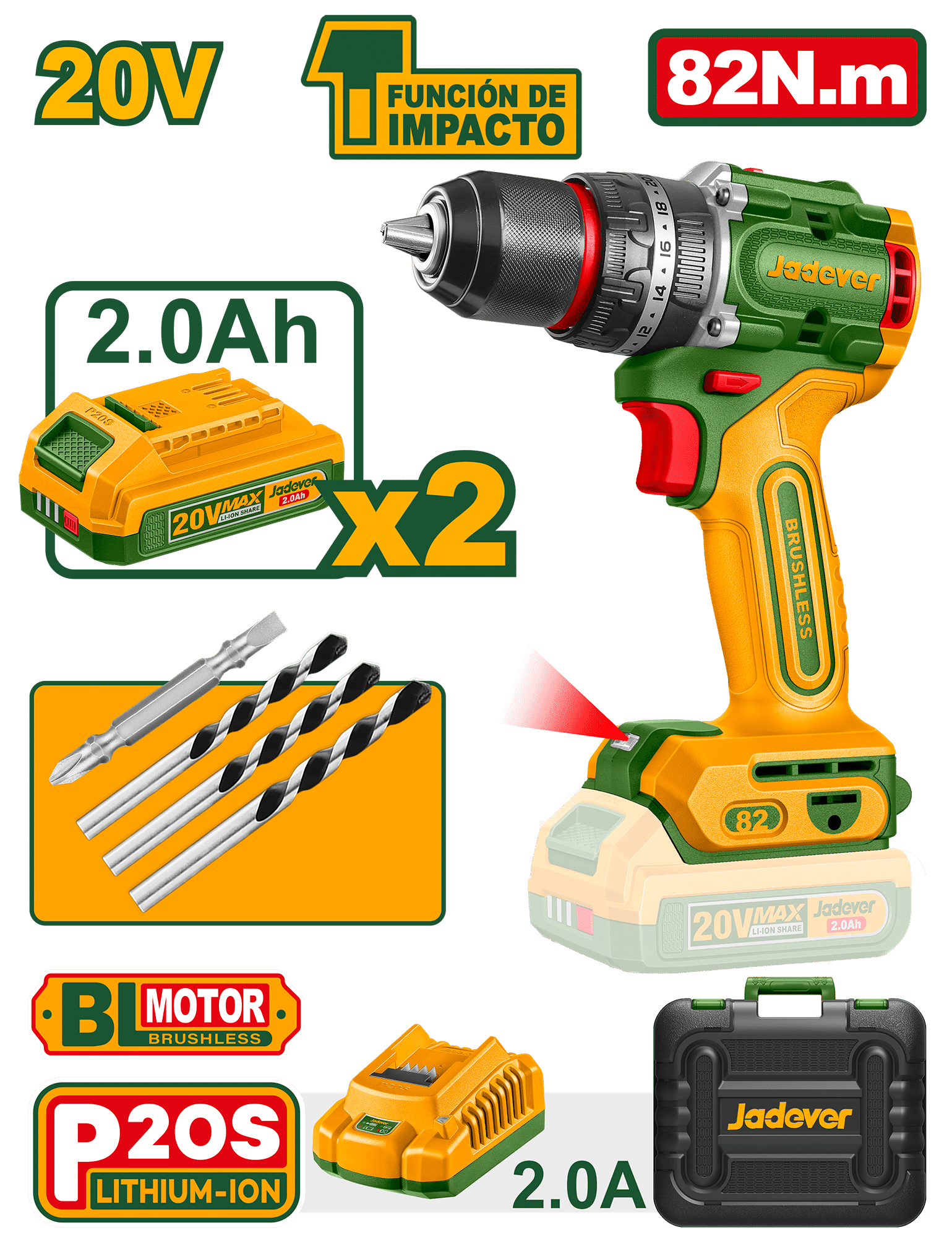 Perceuse à Percussion 20V 82N.m +2Batt 2,0Ah/Chargeur Jadever JDCDP8285