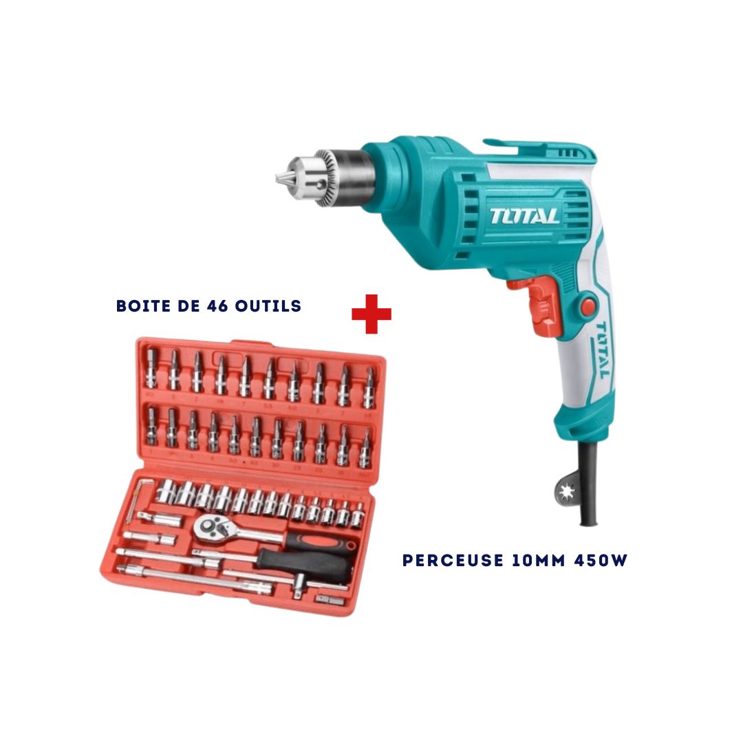 Perceuse électrique 10 mm 450W & boîte de 46 outils