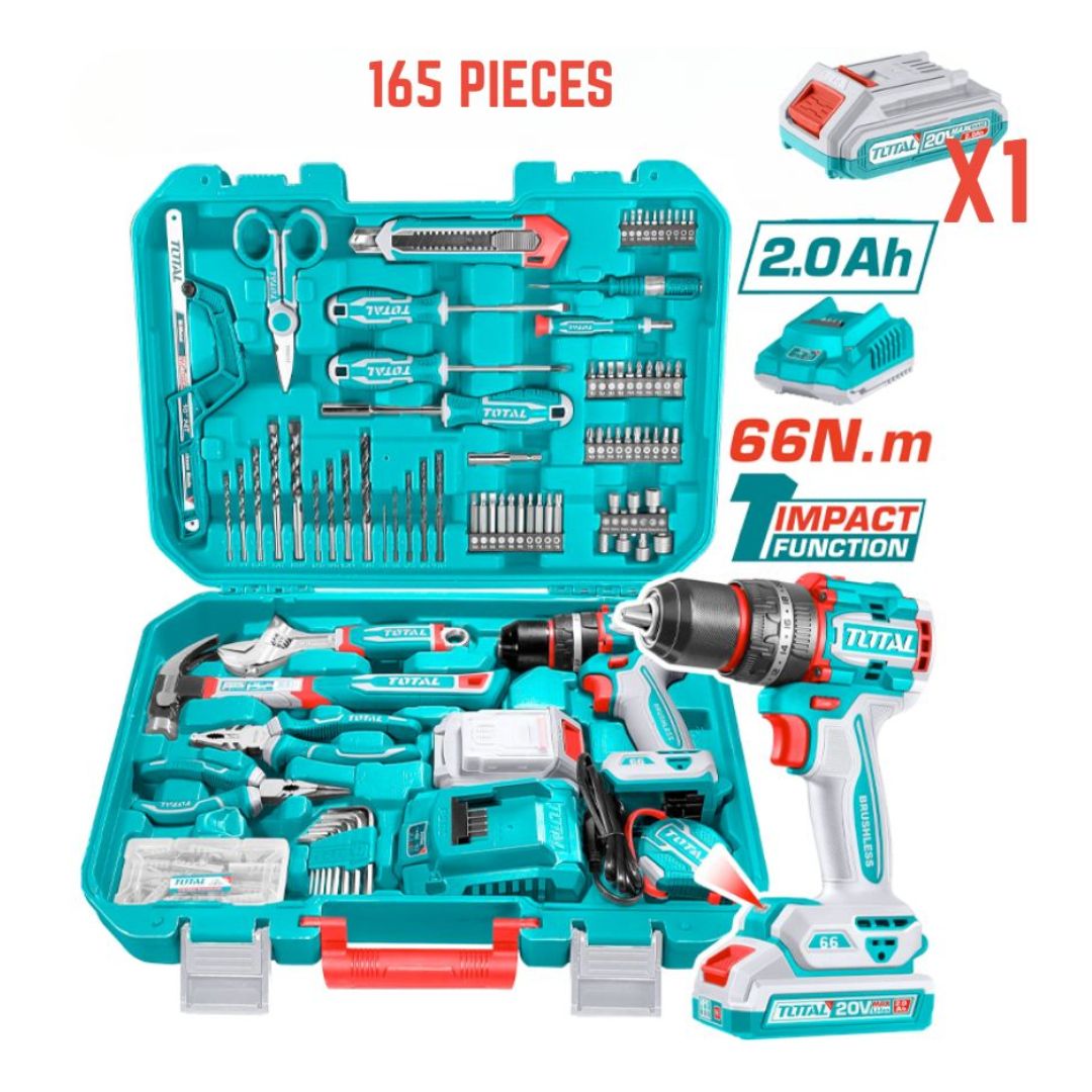 Perceuse visseuse 20V avec Jeu d’outils à Main 165Pcs TOTAL THKTHP11652