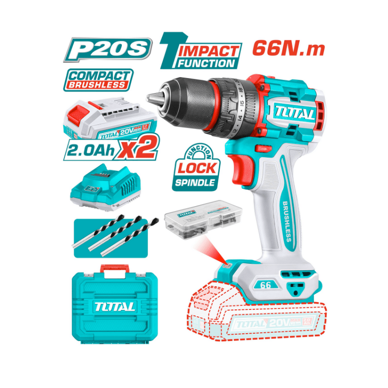 Visseuse Perceuse à Percussion 66N.m 20V Brushless TOTAL TIDLI206681