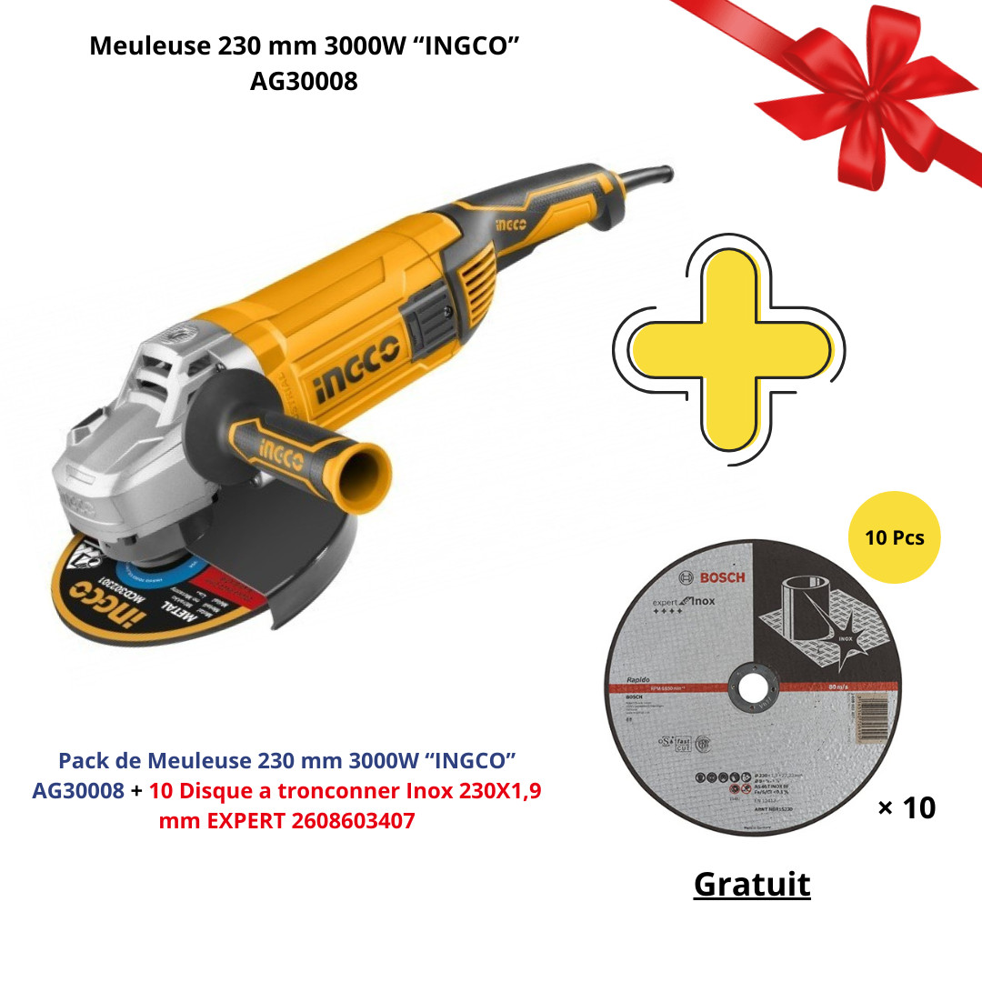 Pack de Meuleuse 230 mm 3000W « INGCO » AG30008 + 10 Disque a tronconner Inox 230X1,9 mm EXPERT 2608603407 AG30008-1