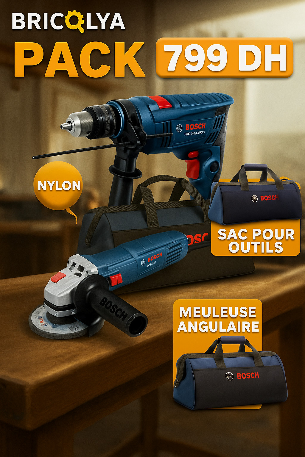 Pack promotionnel perceuse GSB 600 + meuleuse GWS 700 + sac offert