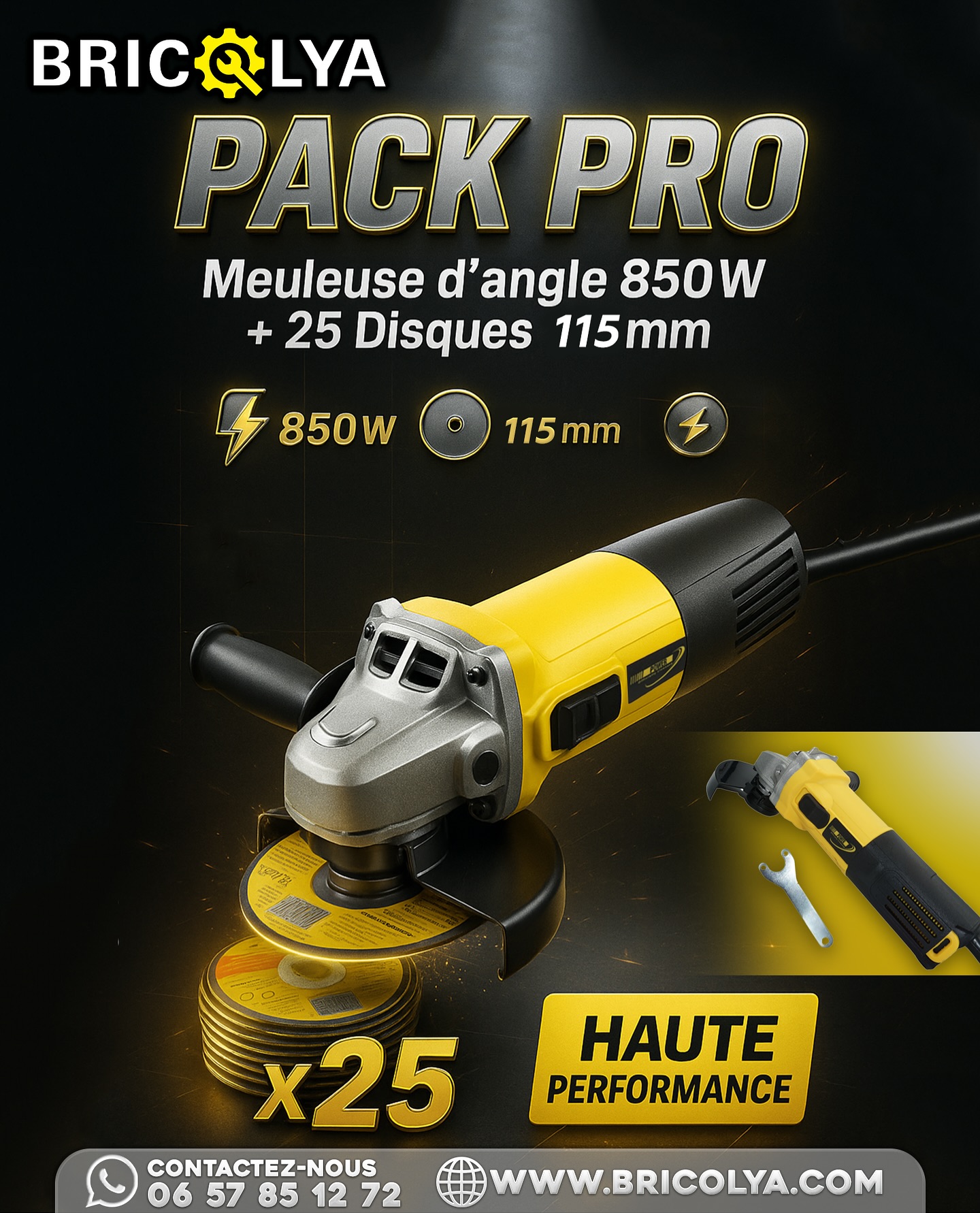 Pack Meuleuse d'angle 850w avec Coffret de transport HD2338 + 25 DISQUE A TRONCONER 115 mm Power HD2329-115A HD2338-1