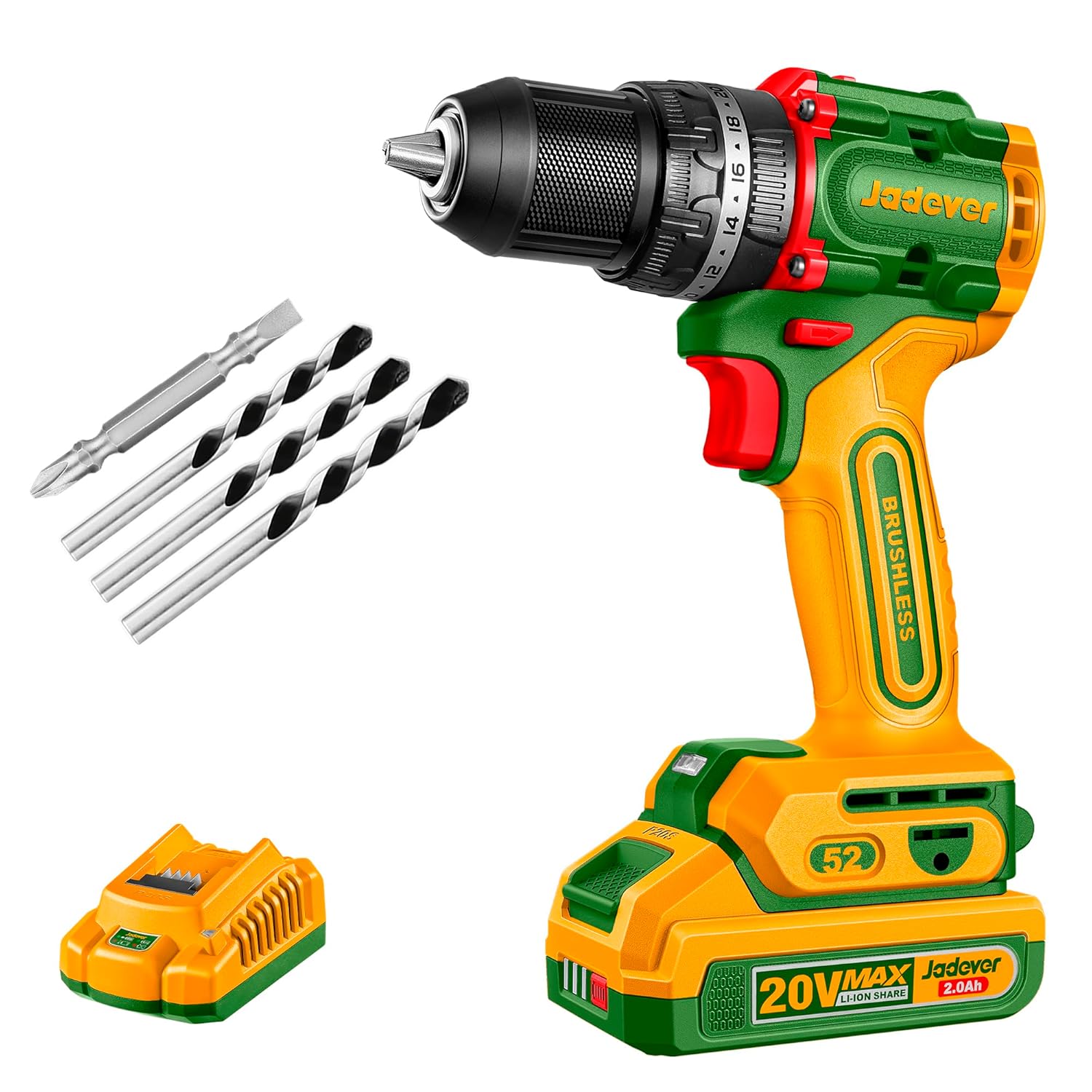 Perceuse à Percussion 20v Compacte Brushless 52n.m Avec 1 Batt 2,0ah+chargeur Jadever Jdcdp5282