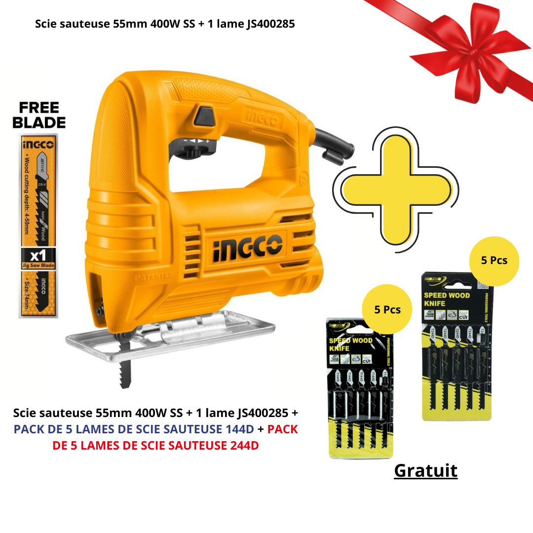 Scie sauteuse 55mm 400W SS + 1 lame JS400285 + PACK DE 5 LAMES DE SCIE SAUTEUSE 144D + PACK DE 5 LAMES DE SCIE SAUTEUSE 244D JS400285-1