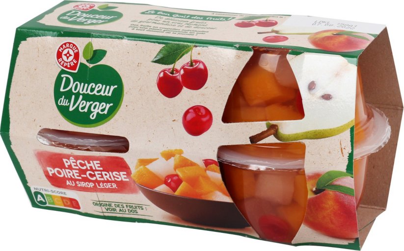 Coupelles pêches poires cerises au sirop léger - 4 x 70 g - DOUCEUR DU VERGER