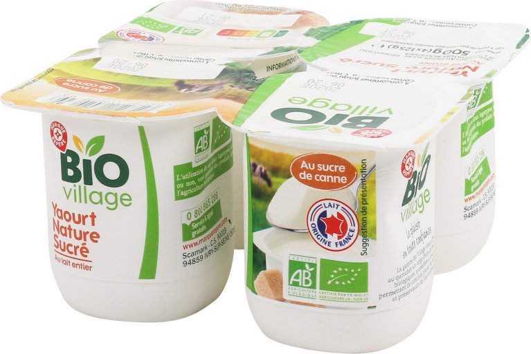 Yaourt nature au sucre de canne bio - 4 x 125 g - BIO VILLAGE