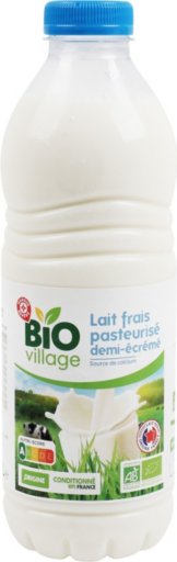 Lait pasteurisé demi écrémé en bouteille bio - 1 l - BIO VILLAGE