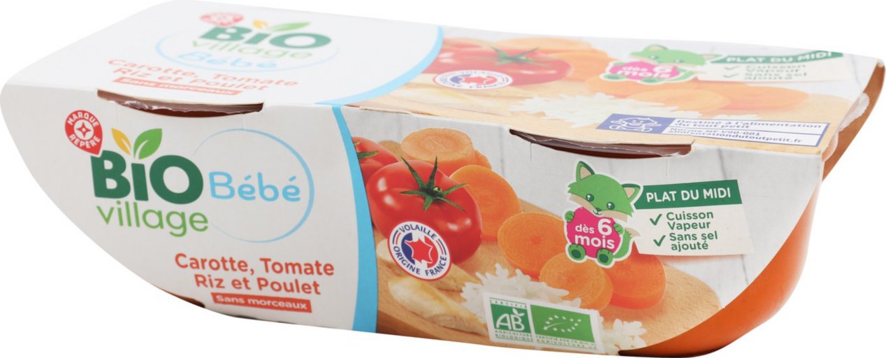 Bol carotte, tomate, riz et poulet dès 6 mois bio - 2 x 200 g - BIO VILLAGE