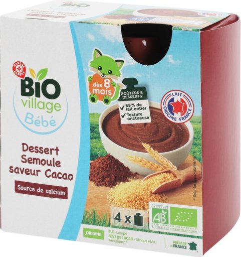 Gourdes dessert semoule cacao dès 8 mois bio - 4 x 85 g - BIO VILLAGE