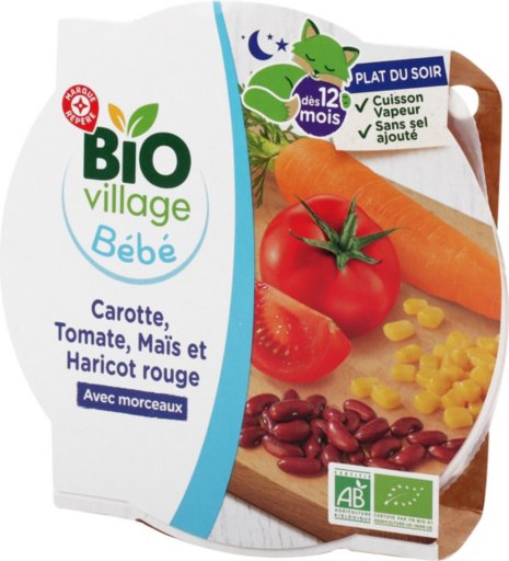 Assiette carotte, tomate, maïs et haricot rouge dès 12 mois bio - 230 g - BIO VILLAGE
