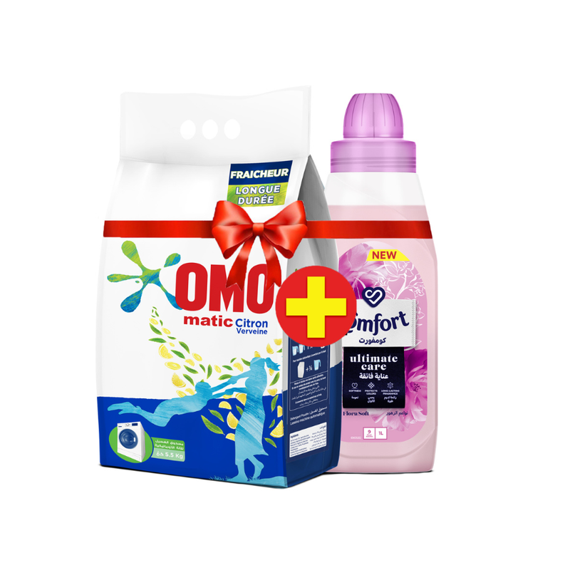 Lessive Matic citron 5,5Kg + adoucissant comfort 1L - OMO