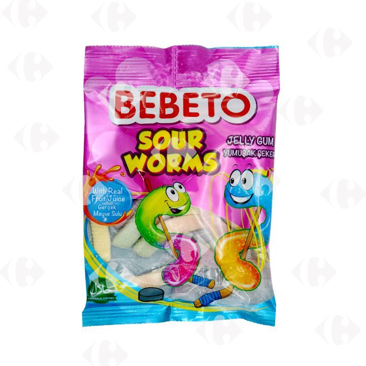 Gommes asticots acidués Sour Worms 80g - BEBETO