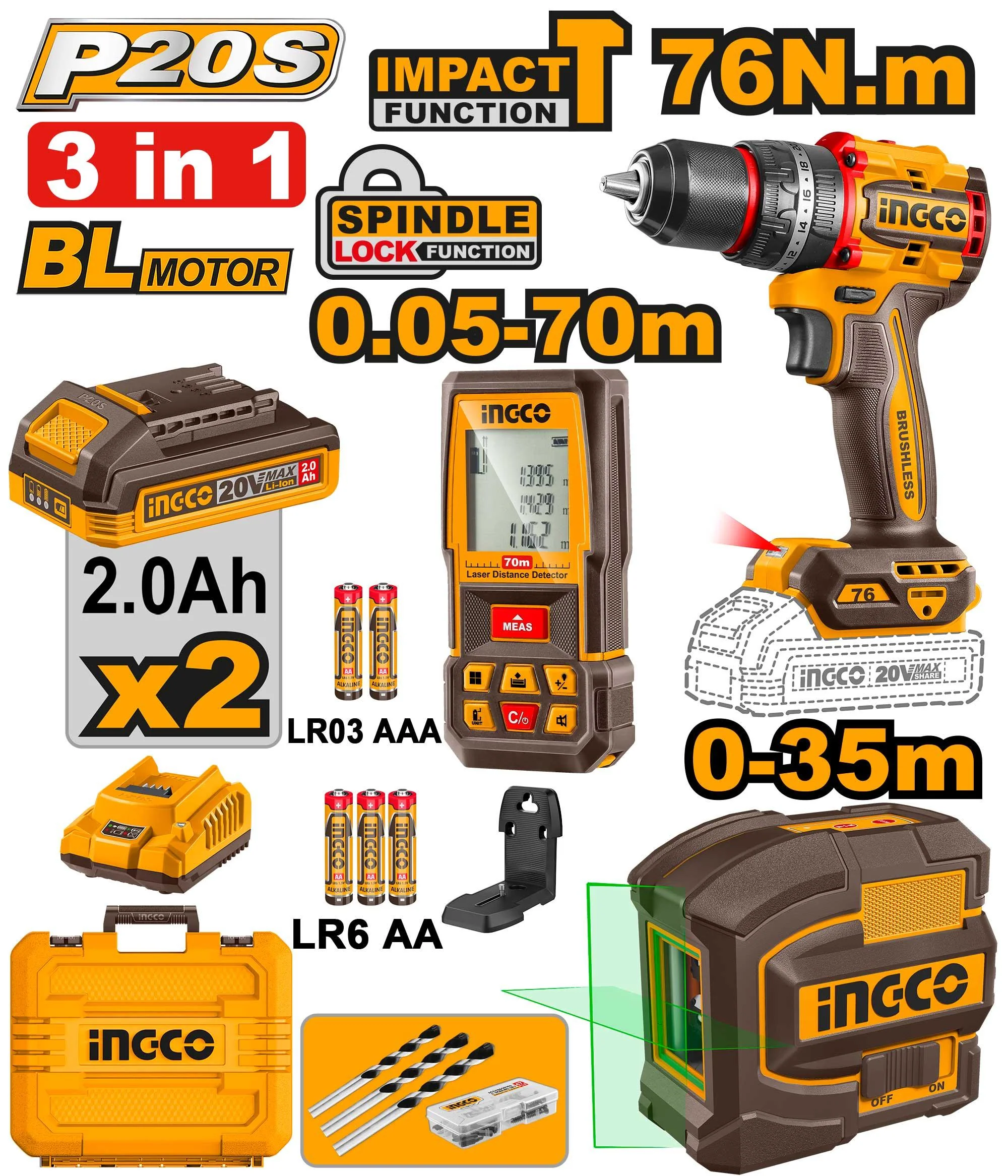 Pack INGCO 3 en 1 : Visseuse 76Nm + Télémètre 70m + Niveau Laser | COSLI250511