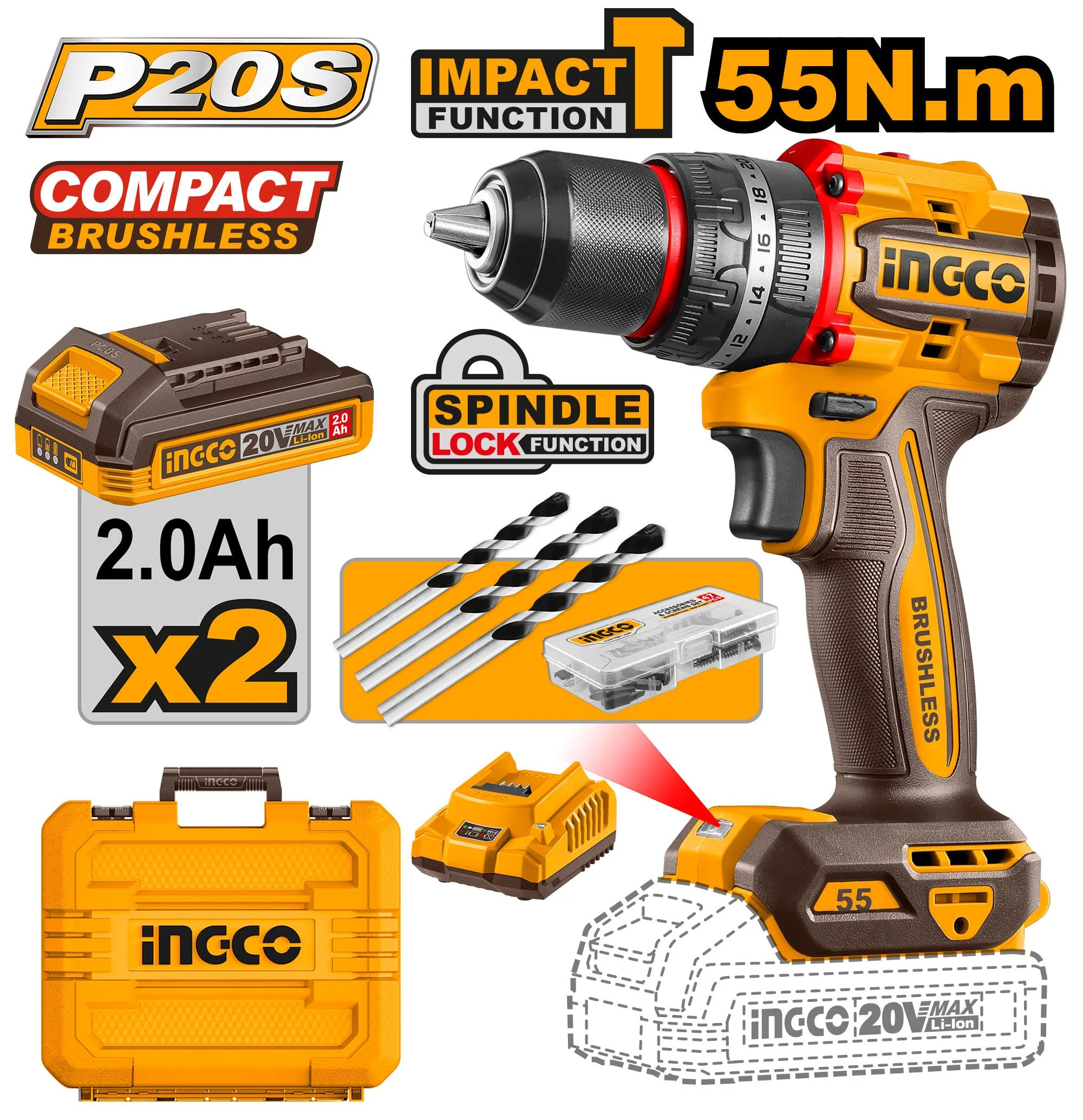 Perceuse-Visseuse Brushless INGCO 20V 55Nm | 2 Batteries + 47 Acc | CIDLI20558