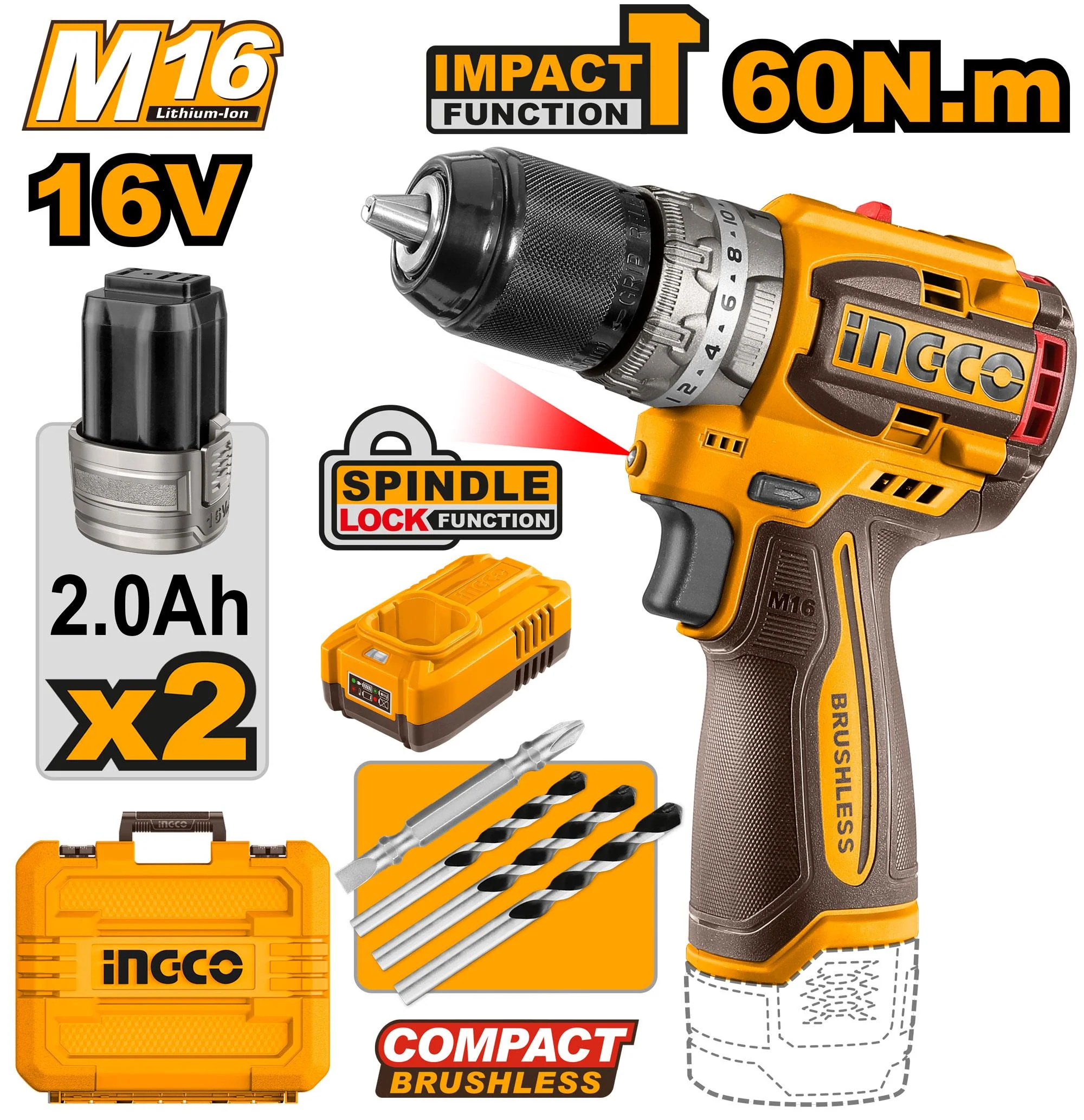 Perceuse à percussion sans fil 16V/M16 Lithium-Ion Compact Brushless CIDLI16682 ING-CT AU MAROC
