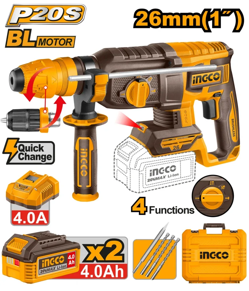 INGCO MARTEAU PERFORA MANDR AUTO 20V 26MM 2BAT 4A+CH AU MAROC [CRHLI202689]