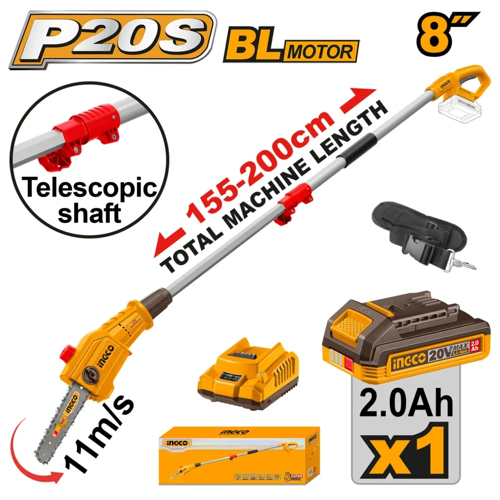 INGCO SCIE A PERCHE 20V 8" - AVEC 1 BAT 2,0AH + CHA AU MAROC [PSLI20281]