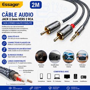 ESSAGER Câble audio stéréo Jack 3,5 mm vers 2 RCA mâles 2M, Câble en nylon tressé