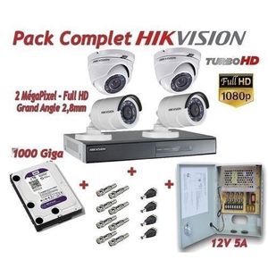 Hikvision Pack Complet Pour Système de Surveillance DVR 4voies Turbo HD +Disque dure 2 to+ 4 Caméras (2Bullets 2dômes) + Bloc d'alimentation 12V5A + Connecteurs BNC & 12v