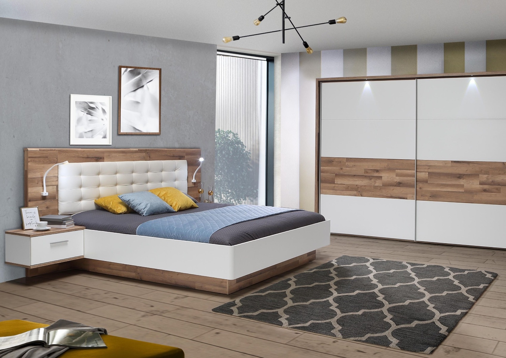 Pack Modern Way : Lit Sans Sommier + 2 Tables De Chevet + Éclairage - Blanc