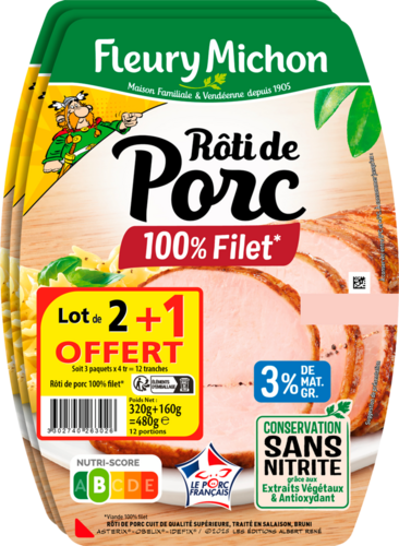 Rôti de porc 100% filet 3% Mat.Gr. conservation sans nitrite - FLEURY MICHON