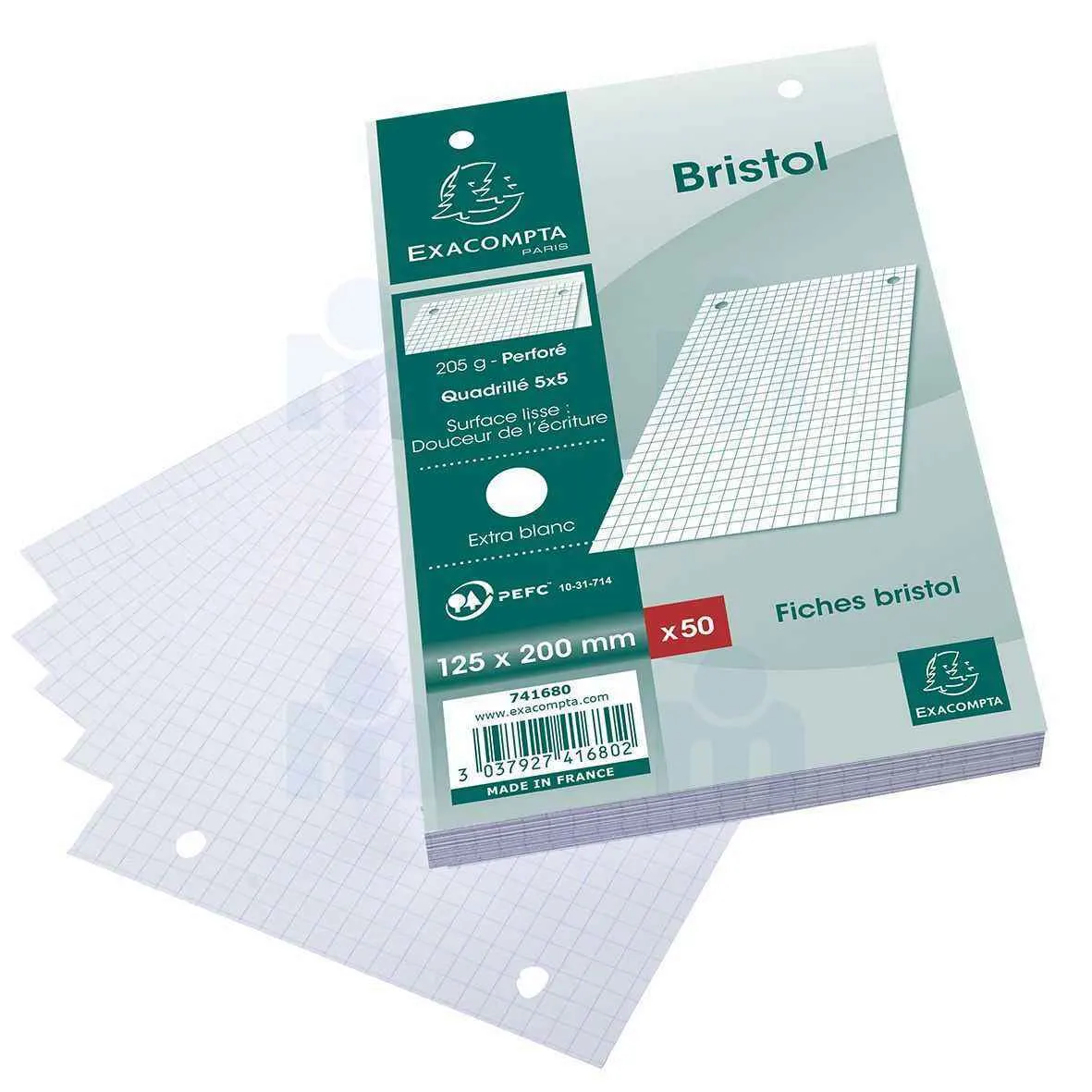 Fiches bristol perforées petits carreaux 5x5 12,5x20 cm x50 - EXACOMPTA