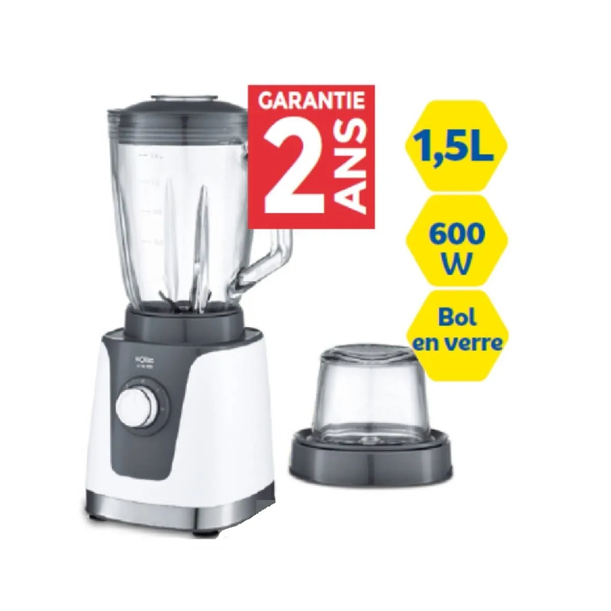 Blender Solac Vital 600W - Bol en Verre 1.5L - 2 Vitesses + Pulse - Avec Moulin