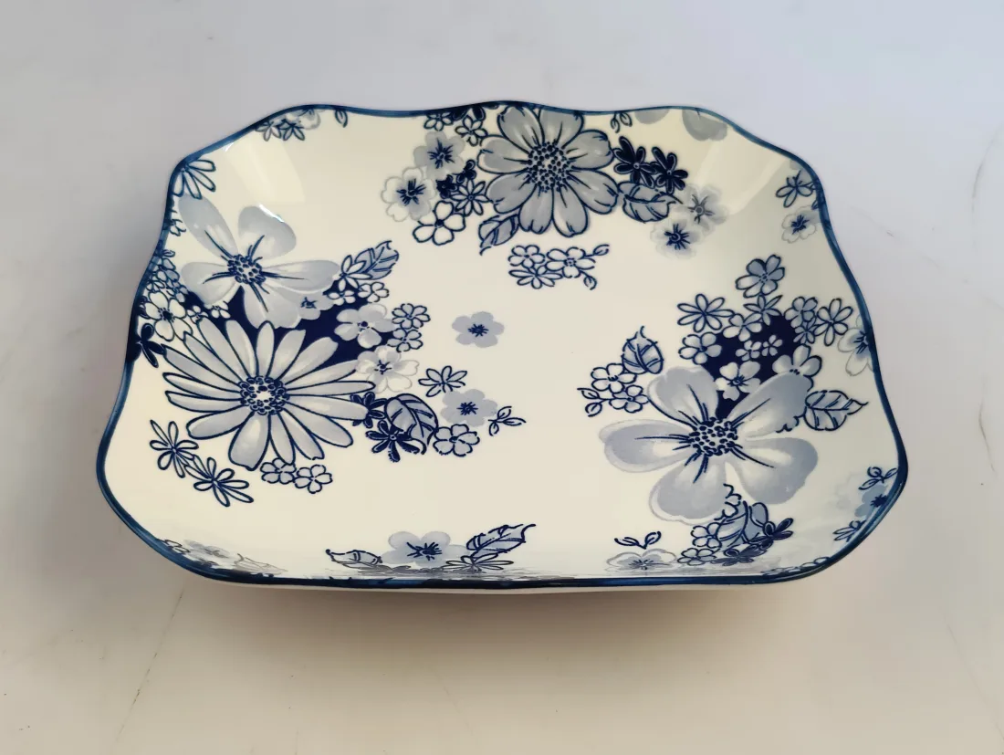 Assiette Plate Carrée 20,4 cm - Motif Fleurs Indigo