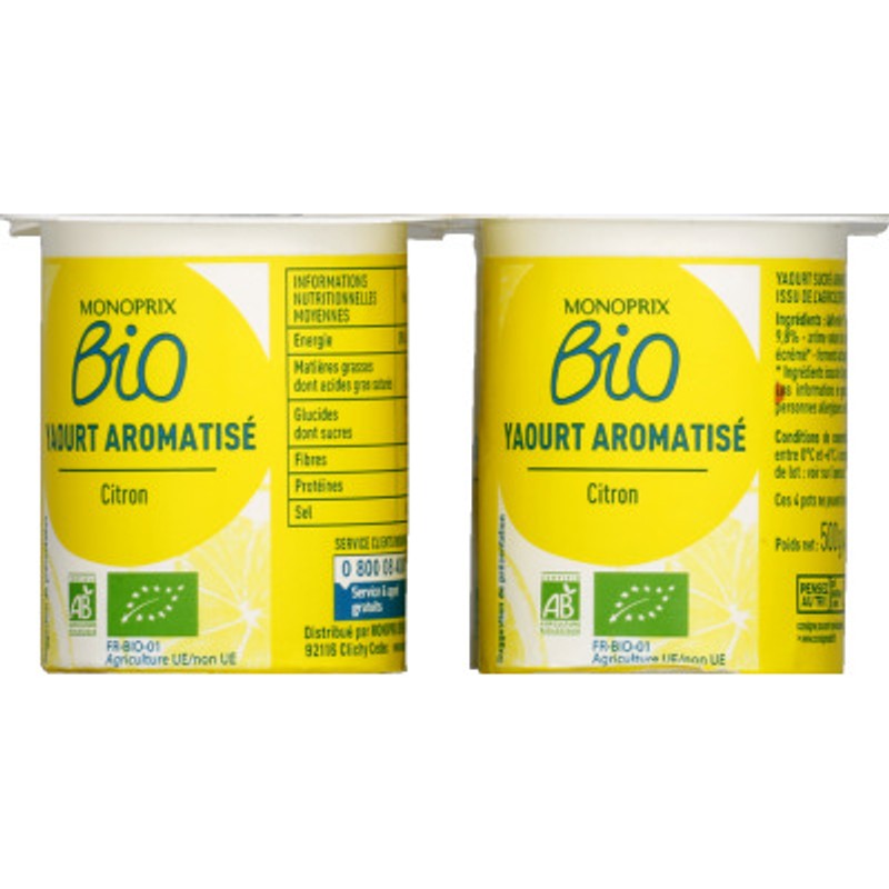 Monoprix Bio Yaourt Citron au Lait Entier 4x125g