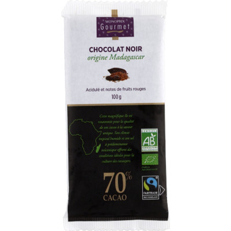 Monoprix Gourmet Chocolat Noir Origine Madagascar, Acidulé & Fruits Rouges, 70% Bio 100g