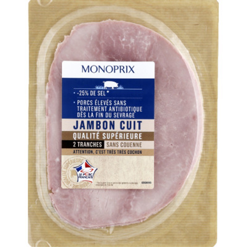 Monoprix Jambon Cuit 2 Tranches Sel Réduit Sans Couenne 80g