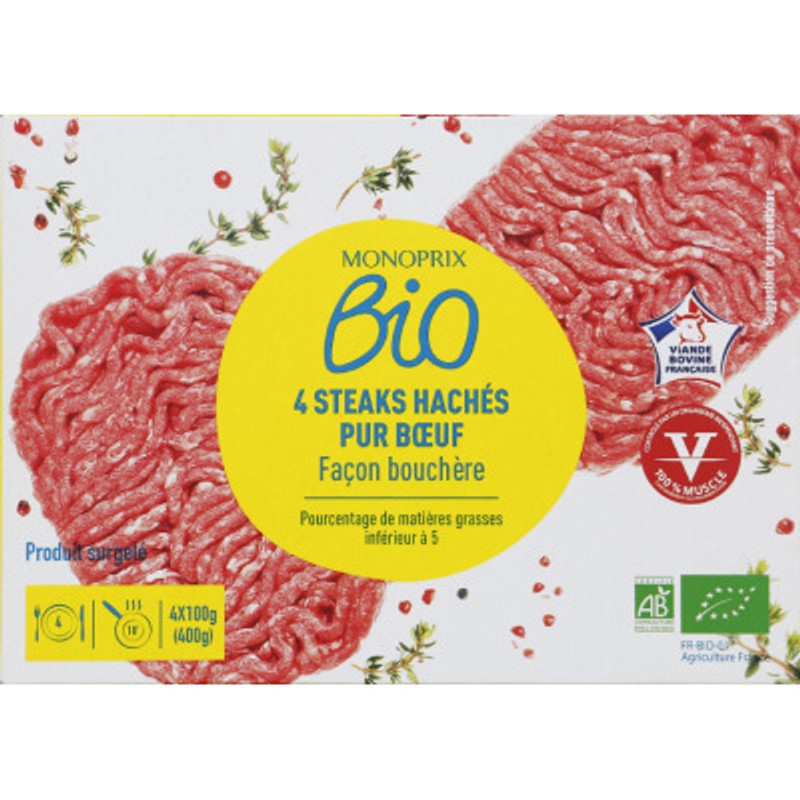 Monoprix Bio Steak haché 5% de Mg 4x100g