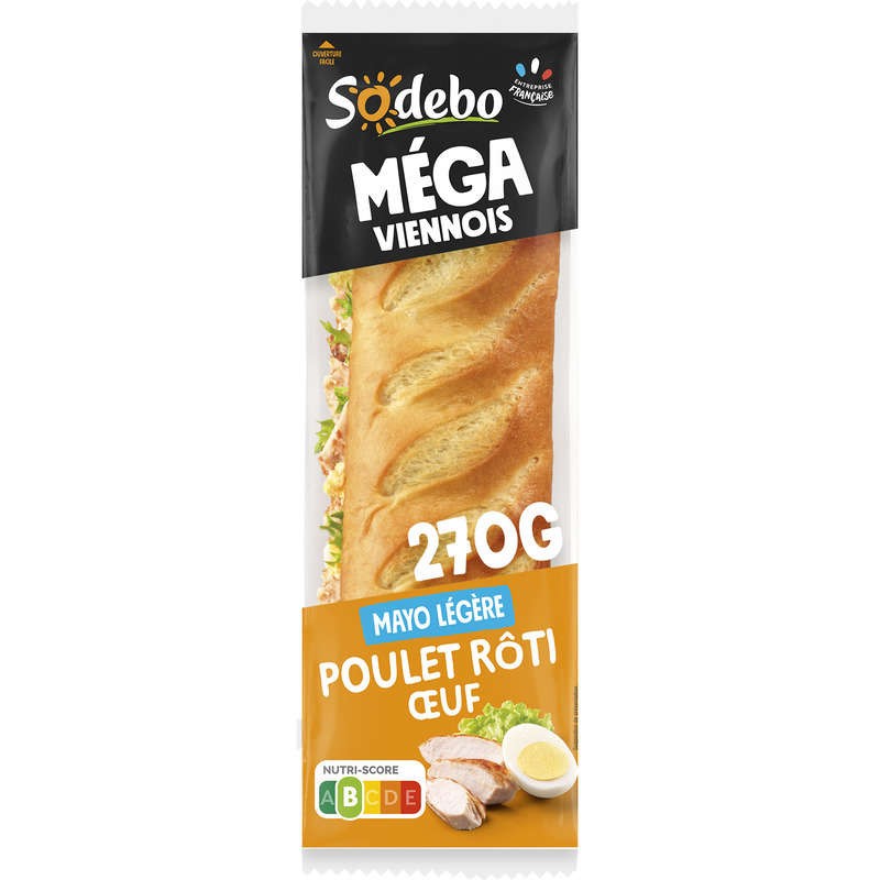 Sodebo Sandwich Méga baguette viennois poulet rôti œuf mayo légère 270g