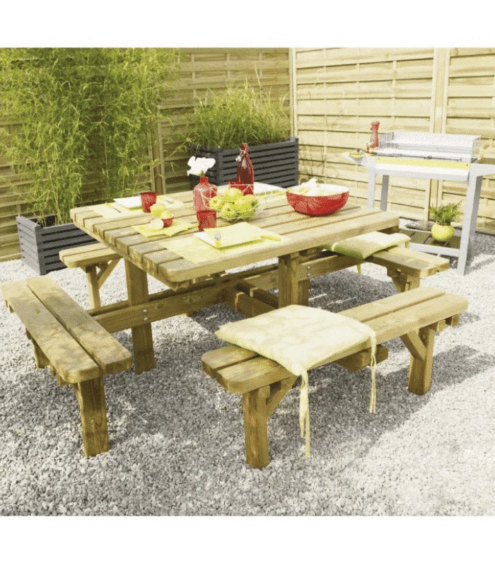 Table De Pique-Nique Carrée En Bois Massif 200 X 200 X 75 Cm