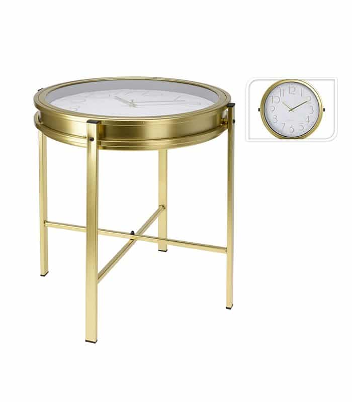 Table d'appoint avec horloge analogique en métal doré
