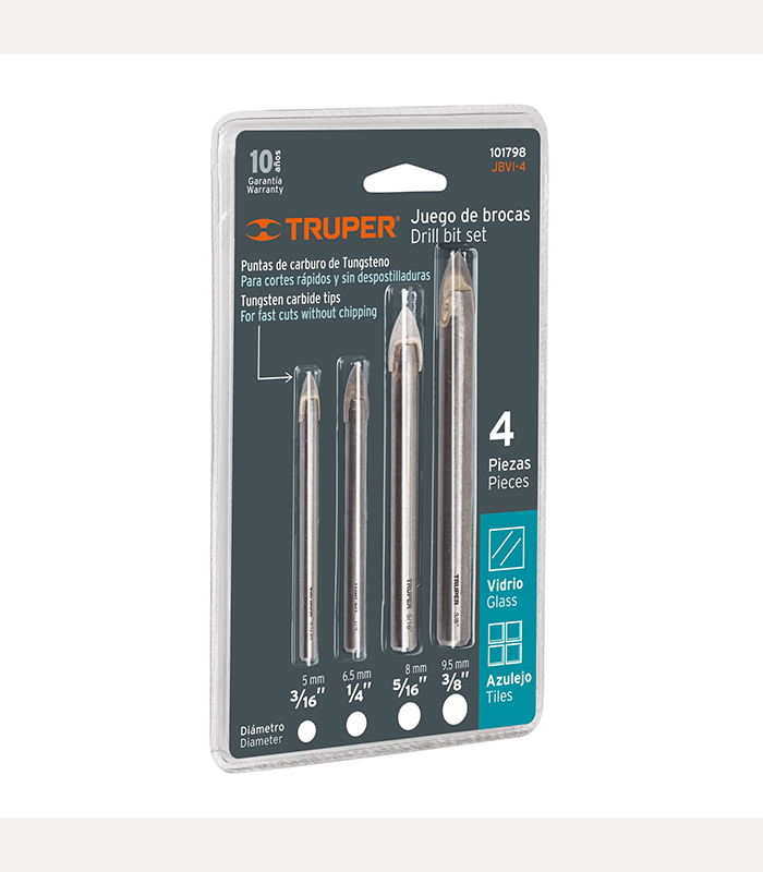 Set de 4 forets pour verre et carrelage 9.5, 8 ,6.5 , 5 mm