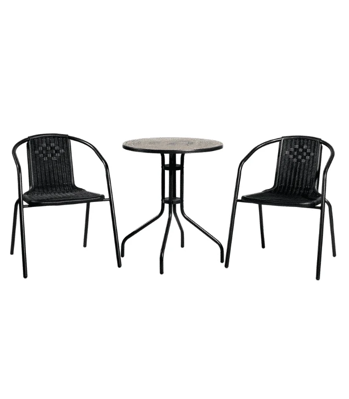 Set de jardin 2 chaises plastique +table en acier noir