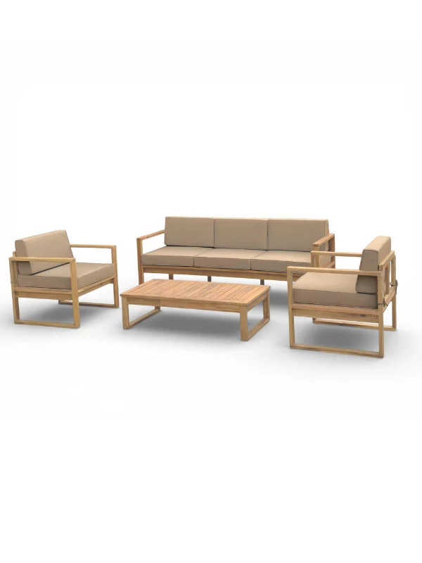 Salon de jardin coussin taupe canapé 3 places + 2 fauteuils + table 106 x 55 x 28 cm Acacia