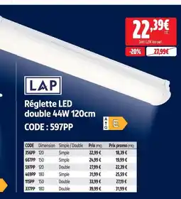 Lap réglette led double 44w 120cm