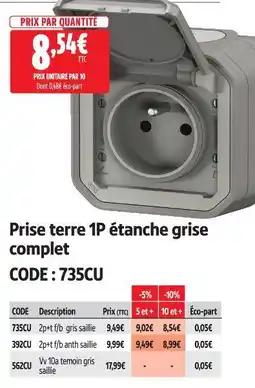 Prise terre 1p étanche grise complet