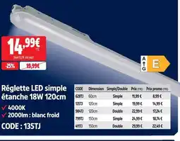 Réglette led simple étanche 18w 120cm