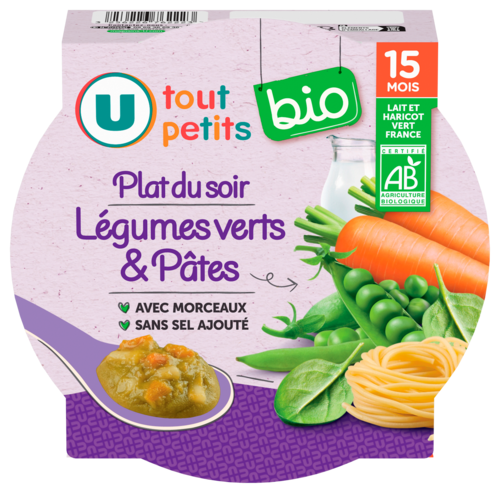 Plat du Soir Legumes Verts et Pates des 15 Mois U Tout Petits Bio