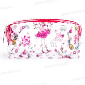 TROUSSE A CRAYONS A FERMETURE ECLAIR TRANSPARENTE MOTIF FLAMINGO 18,5*9*6CM VUKI