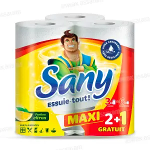 LOT DE 3 ESSUIE-TOUT CITRON MAXI 2 PLIS SANY (2 ACHETES = 1 GRATUIT)